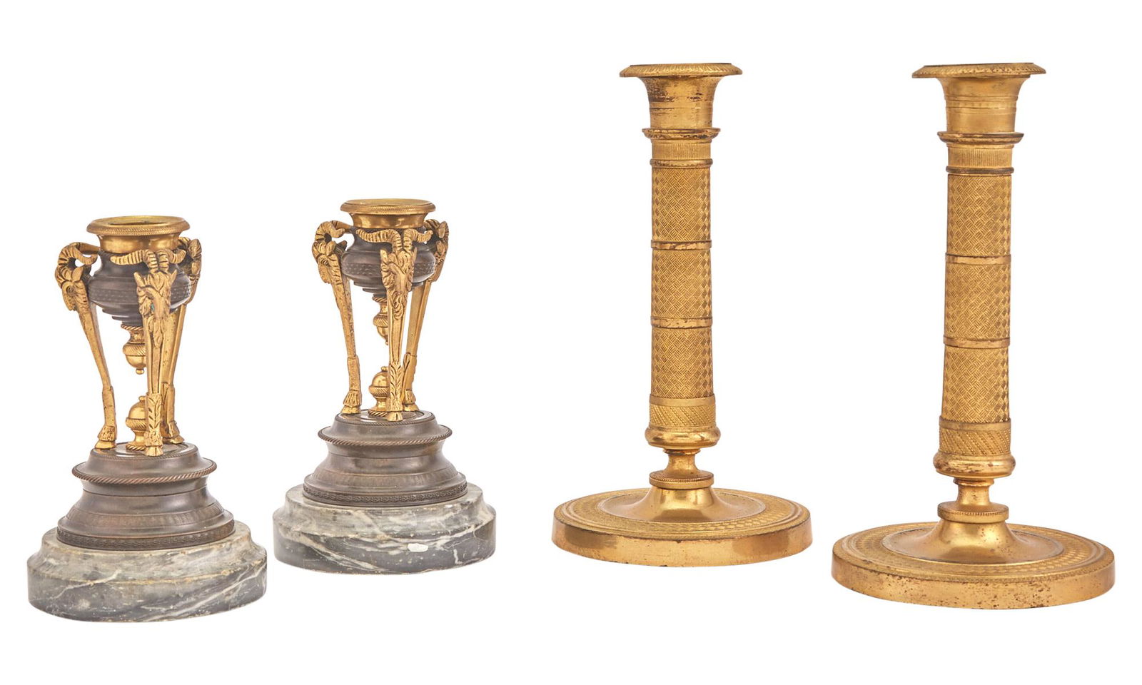 Pair of Empire Style Bronze, Gilt-Metal and Marble Candlesticks; Together with a Pair of Empire (1 of 3)