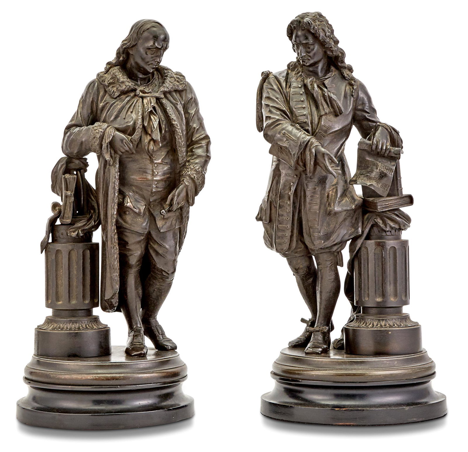 Pair of French Spelter Figures: Pair of French Spelter Figures Possibly depicting Isaac Newton and Benjamin Franklin Height of largest 21 inches. C