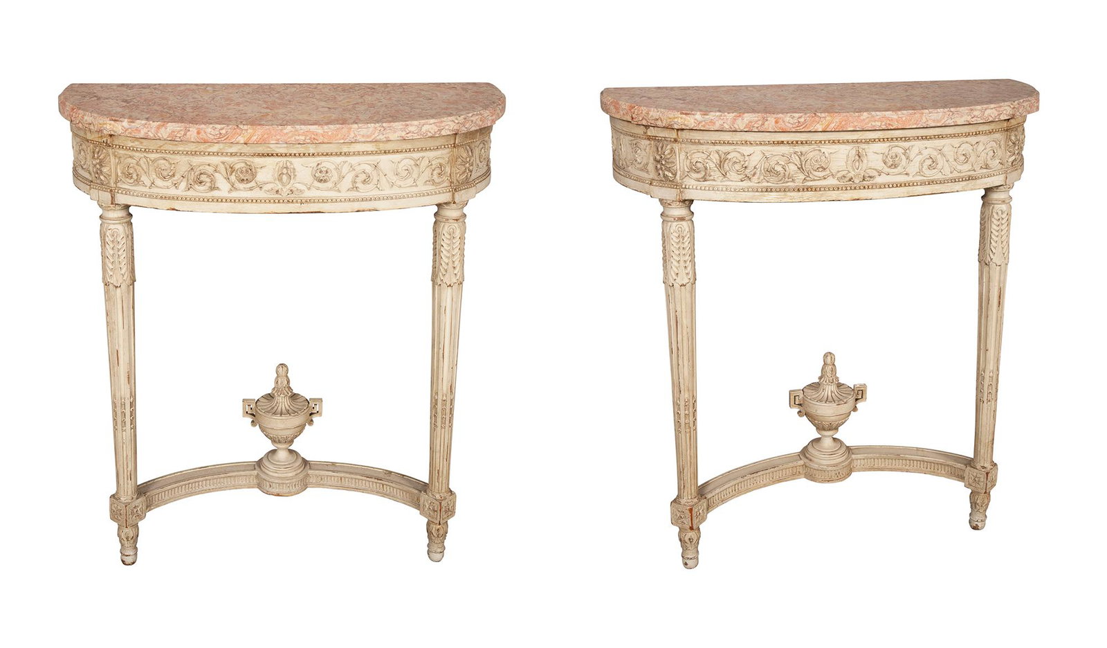 Pair of Louis XVI Style Painted Wood Consoles: Pair of Louis XVI Style Painted Wood Consoles Height 33 1/2 inches, width 31 inches, depth 13 inches. C