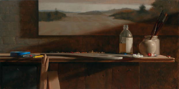 Jacob Collins American, b. 1964 Studio Still Life with Burma Road, 2004: Jacob Collins American, b. 1964 Studio Still Life with Burma Road, 2004 Signed and dated Collins '04 (lr) Oil on canvas 20 x 40 inches (50.8 x 102 cm) Provenance: Hirschl & Adler Modern, Inc., New Yor