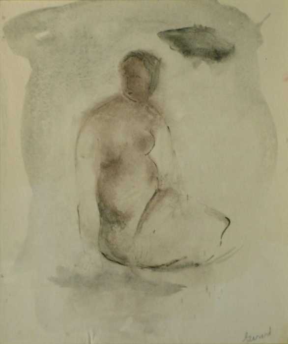 August Mosca Russian/American, 1909-2002 THE LETT: August Mosca Russian/American, 1909-2002 THE LETTER Signed and dated August Mosca/June 14, 1955 and dedicated To my friend/Nate Krueger (ll) Pen and ink with pastel and wash on paper 12 1/2