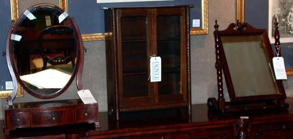 Two Georgian Style Mahogany Shaving Mirrors; Toge: Two Georgian Style Mahogany Shaving Mirrors; Together with a Fruitwood Vitrine