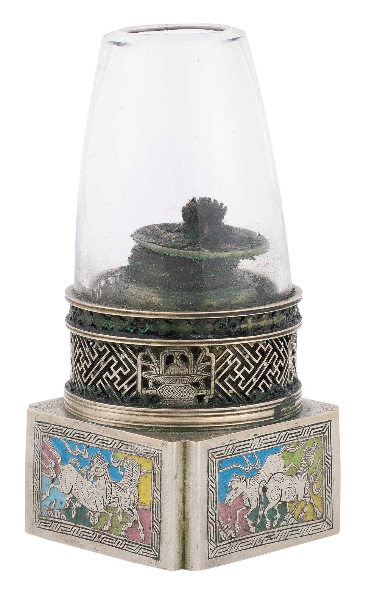 A Chinese Glass and Paktong Burner Height 5 1/2 ": A Chinese Glass and Paktong Burner 19th century The base decorated with champleve enameled panels displaying horses. Height 5 1/2 inches C