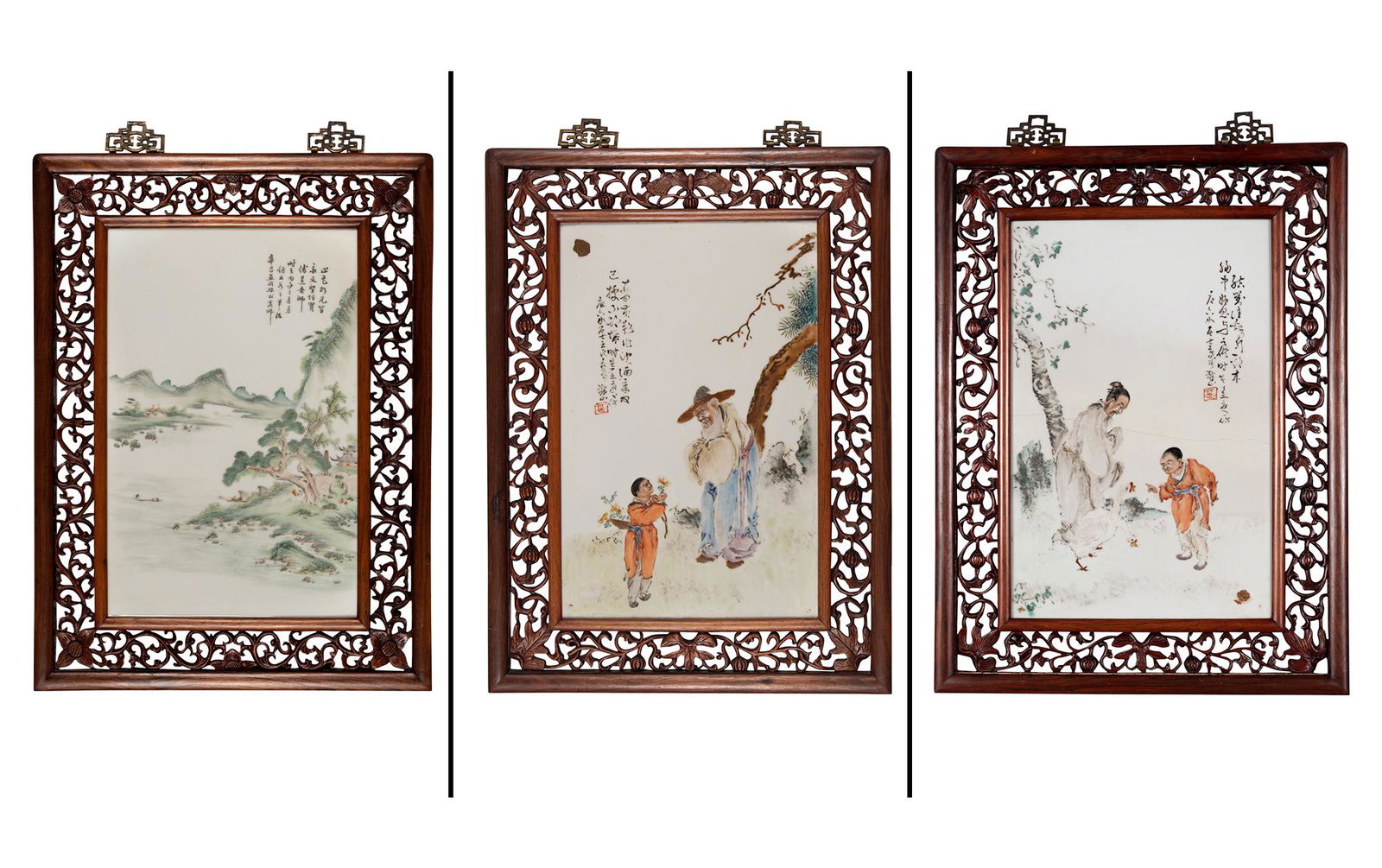 Three Chinese Enameled Porcelain Plaques Sight 15 x 9 3/4 " (1 of 13)