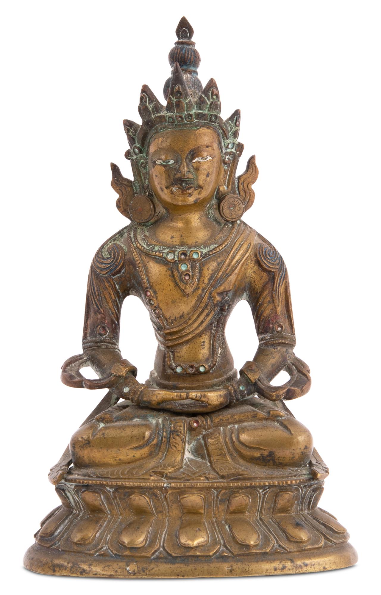 A Tibetan Bronze Figure of Avalokiteshvara Height 6 1/4 ": A Tibetan Bronze Figure of Avalokiteshvara 18th century Of typical configuration, the crowned figure seated in dhyanasana. Height 6 1/4 inches C