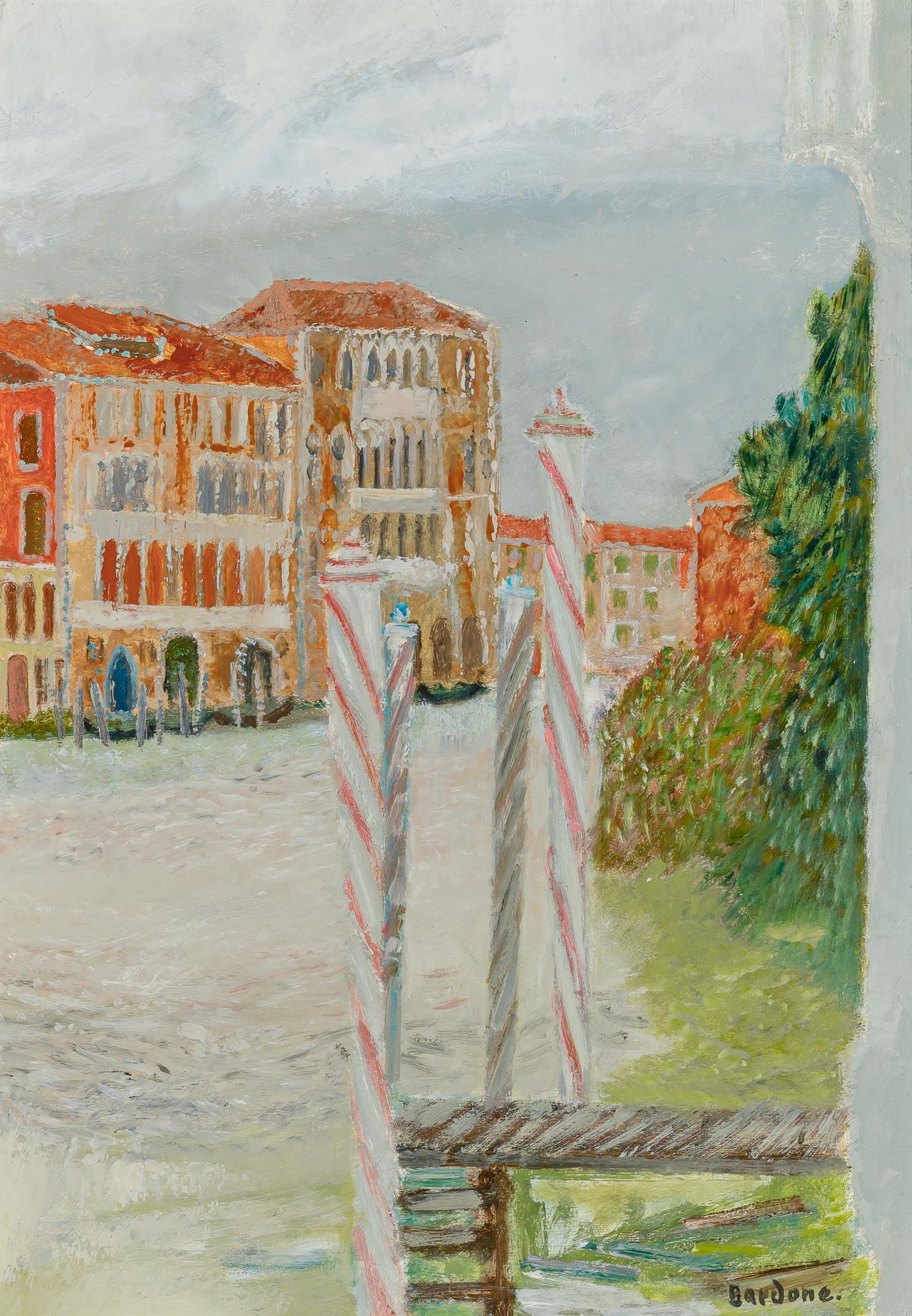 Guy Bardone French, 1927-2015 Embarcadère sur le Canale Grande, Venise: Guy Bardone French, 1927-2015 Embarcadère sur le Canale Grande, Venise Signed Bardone. (lr); inscribed as titled on the stretcher Oil on canvas 25 3/4 x 18 1/4 inches (65.4 x 46.4 cm) Provenance: