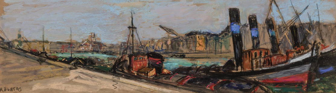 Arbit Blatas Lithuanian, 1908-1999 Port of Dieppe: Arbit Blatas Lithuanian, 1908-1999 Port of Dieppe Signed A. Blatas (ll) Mixed media with gouache and pastel on board 8 3/4 x 30 inches (22.2 x 76.2 cm) Provenance: The Estate of the Artist, 1999 The