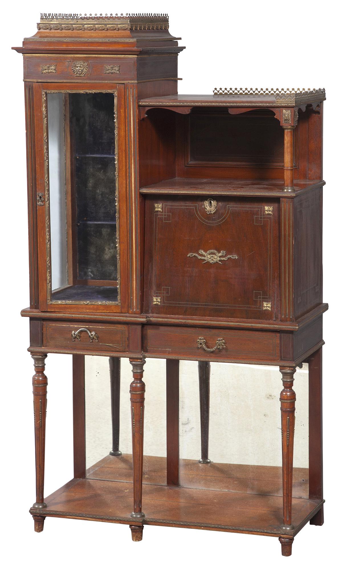 Empire Style Gilt Metal Mounted and Brass Inlaid Mahogany Cabinet: Empire Style Gilt Metal Mounted and Brass Inlaid Mahogany Cabinet Height 60 1/2 inches, width 33 inches, depth 13 3/4 inches. C Estate of Peter Ehrenthal