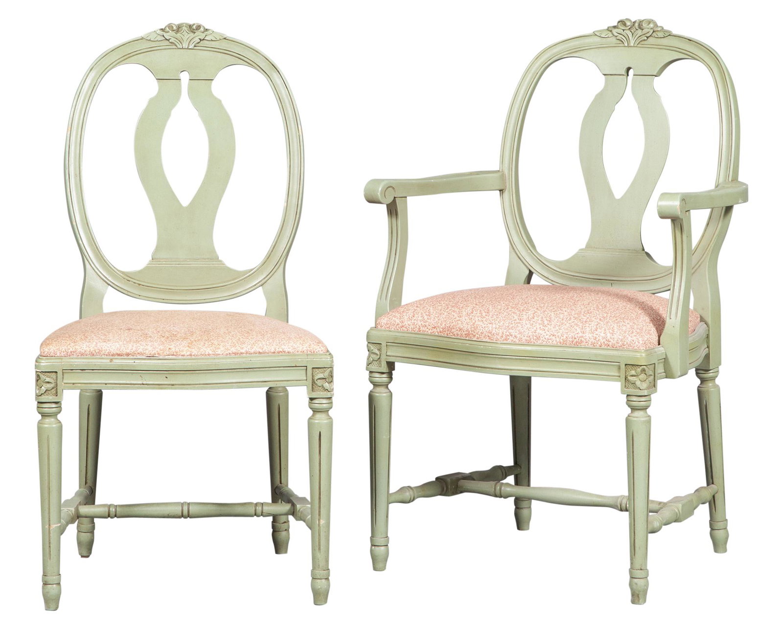 Set of Six Louis XVI Style Green Painted Dining Chairs: Set of Six Louis XVI Style Green Painted Dining Chairs Including two armchairs. Height of armchair 37 1/2 inches, width 23 inches, depth of seat 17 inches; height of side chair 36 1/2 inches, width 19