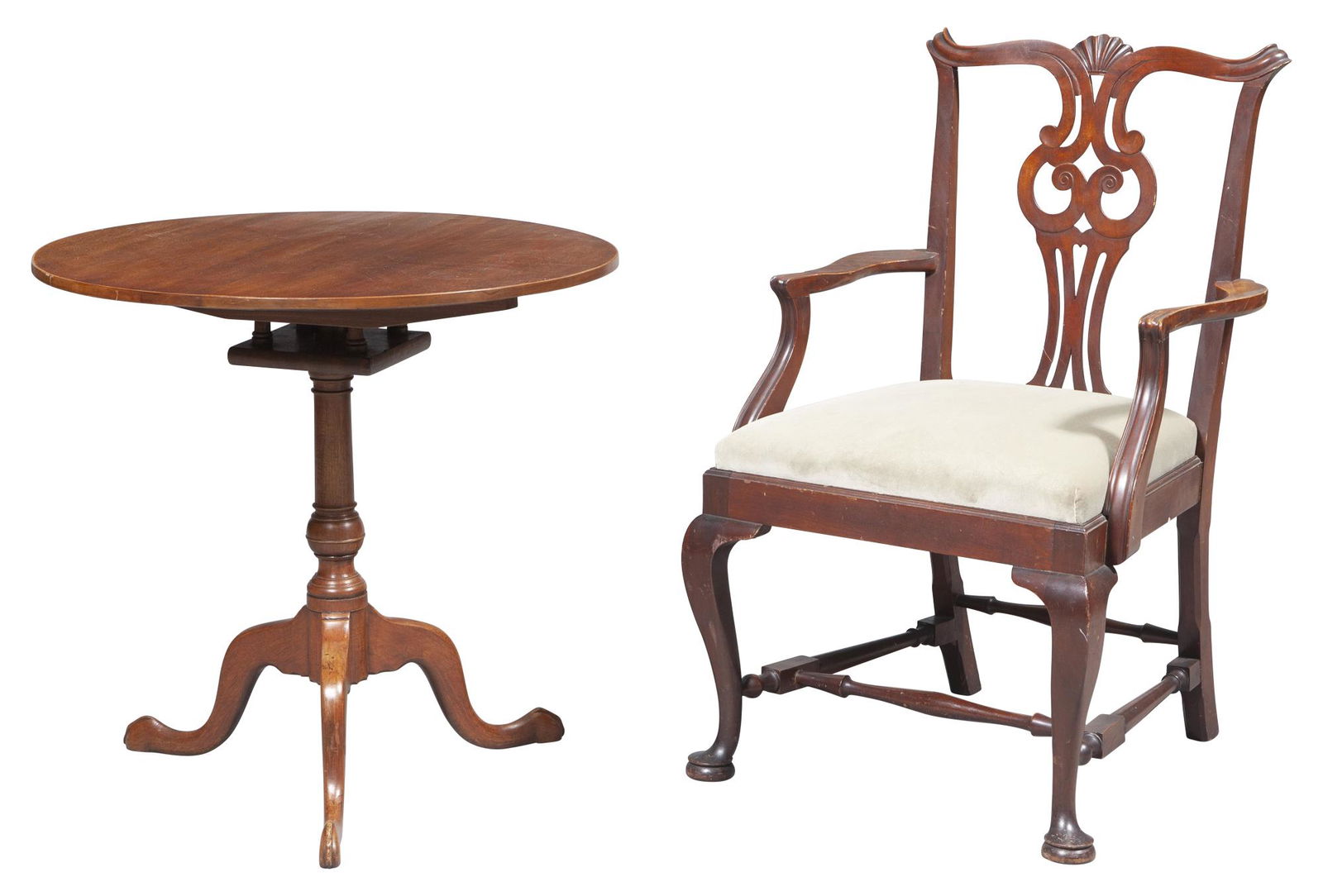 Chippendale Style Mahogany Tilt-Top Table; Together with a Chippendale Style Mahogany Armchair: Chippendale Style Mahogany Tilt-Top Table Height 28 3/4 inches, diameter 29 1/2 inches; Together with a Chippendale Style Mahogany Armchair, height 38 1/2 inches, width 24 1/4 inches, depth of seat 19
