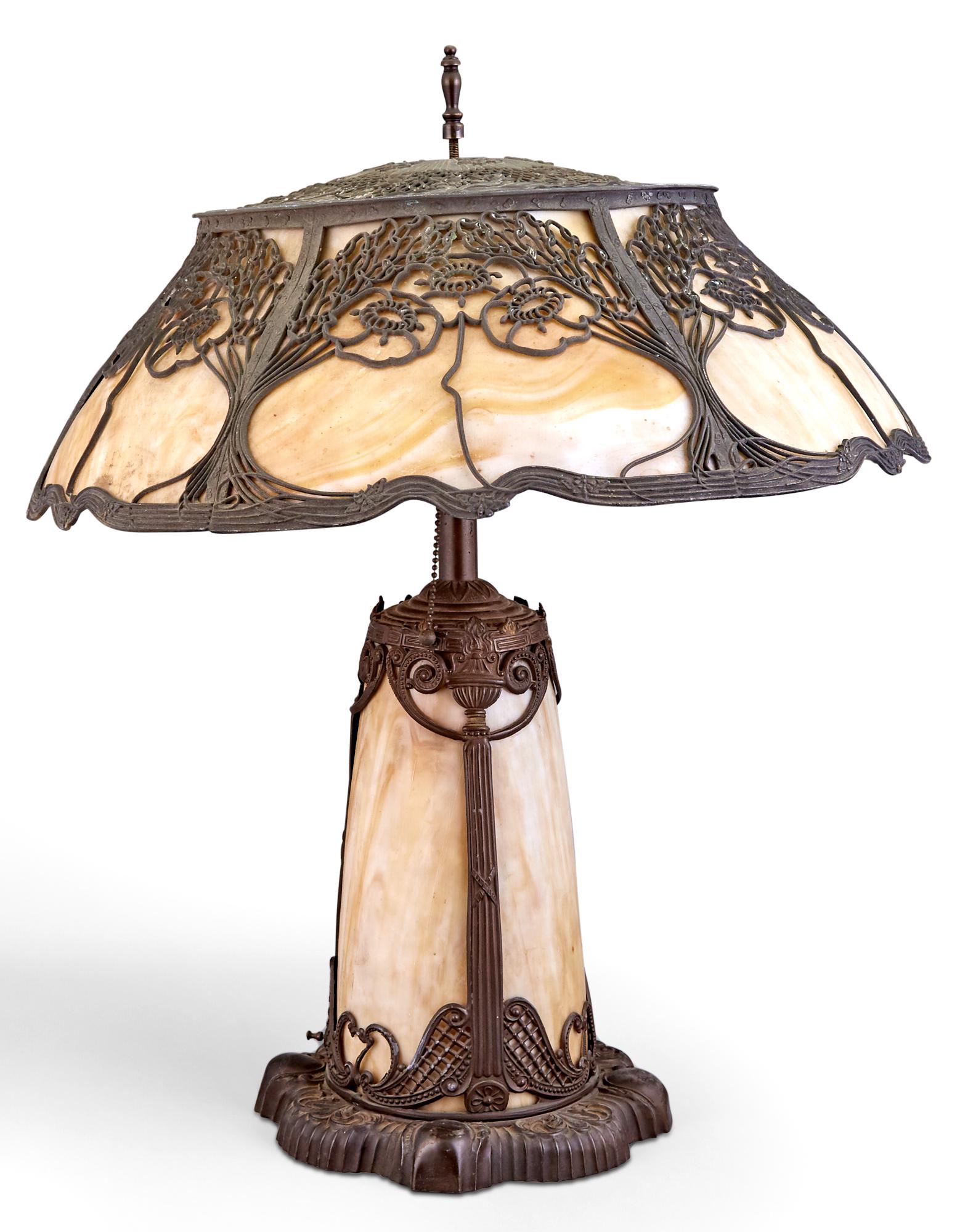 American Art Nouveau Metal and Slag Glass Lamp (1 of 4)
