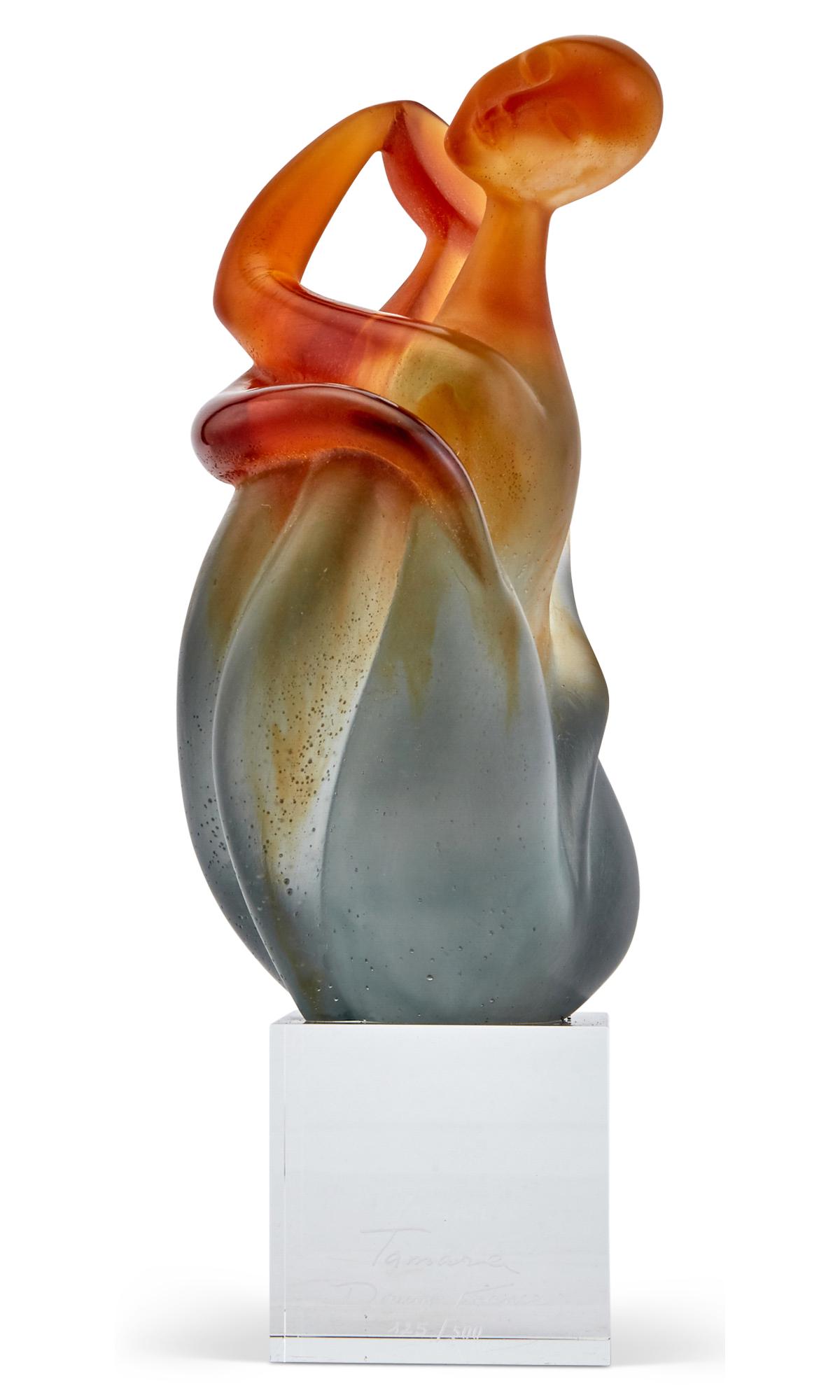 Tamara Kvesitadze for Daum Pâte de Verre Sculpture Entitled Double Je: Tamara Kvesitadze for Daum Pâte de Verre Sculpture Entitled Double Je Ed. no. 125/500 In deep amber colored glass at the top transitioning to pale ice-blue colored glass at the lower section, on