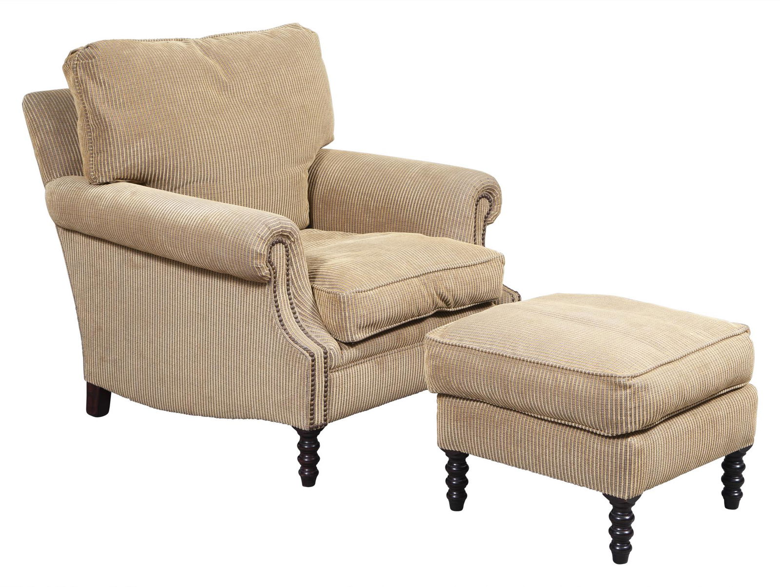 George Smith Upholsted Club Chair and Ottoman: George Smith Upholsted Club Chair and Ottoman Height of chair 37 inches, width 35 1/4 inches, depth of seat 23 inches; height of ottoman 17 inches, 20 inches, square. C