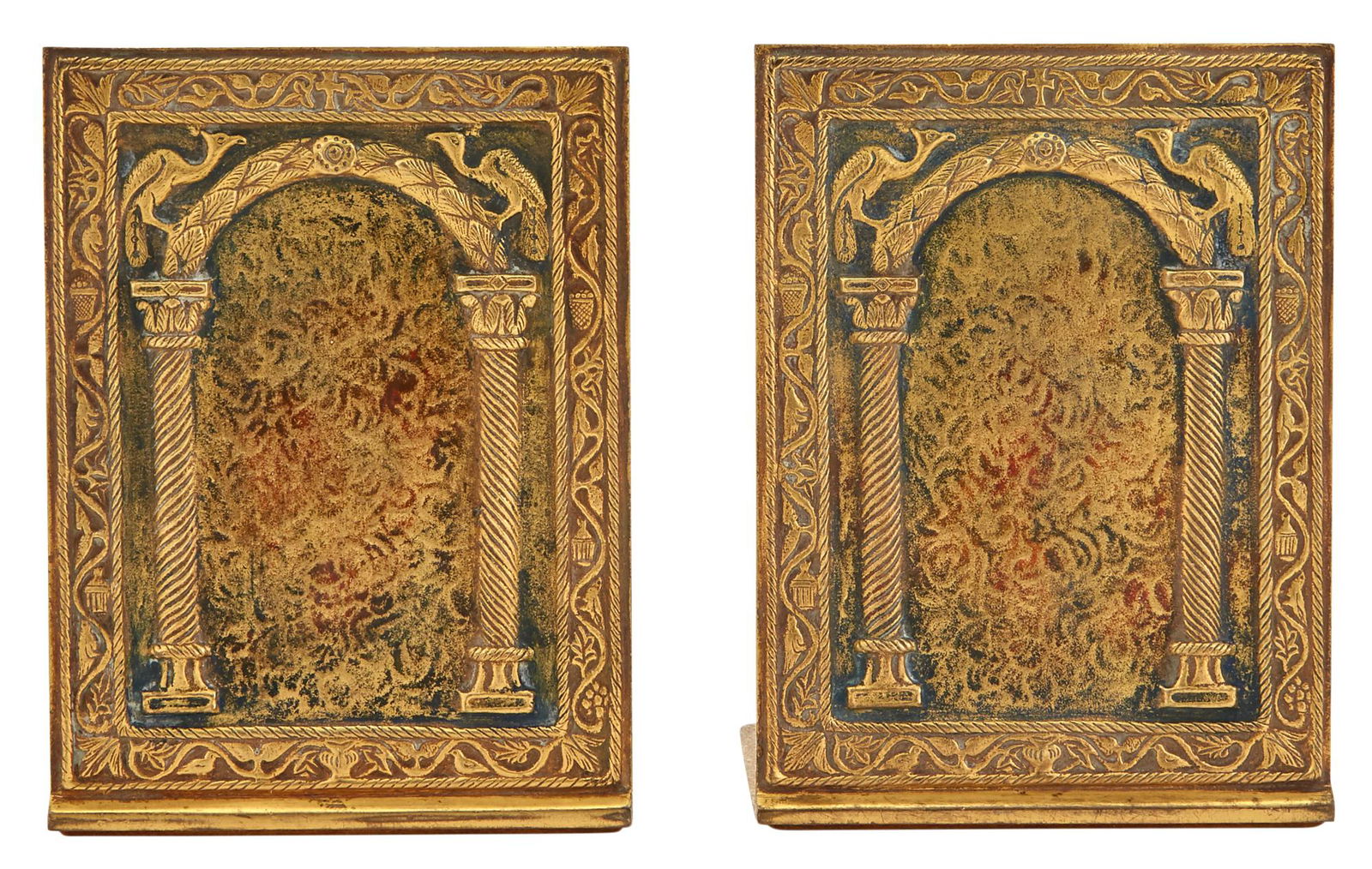 Pair of Tiffany Studios Enameled Bronze Peacock Portal Pattern Desk Bookends (1 of 3)