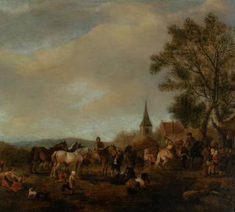 Circle of Philips Wouwerman: Circle of Philips Wouwerman Travelers Arriving at a Village Oil on canvas 24 x 27 1/8 inches (61 x 69 cm) Provenance: Private collection, Switzerland, prior to 1930 By descent in the same family to th