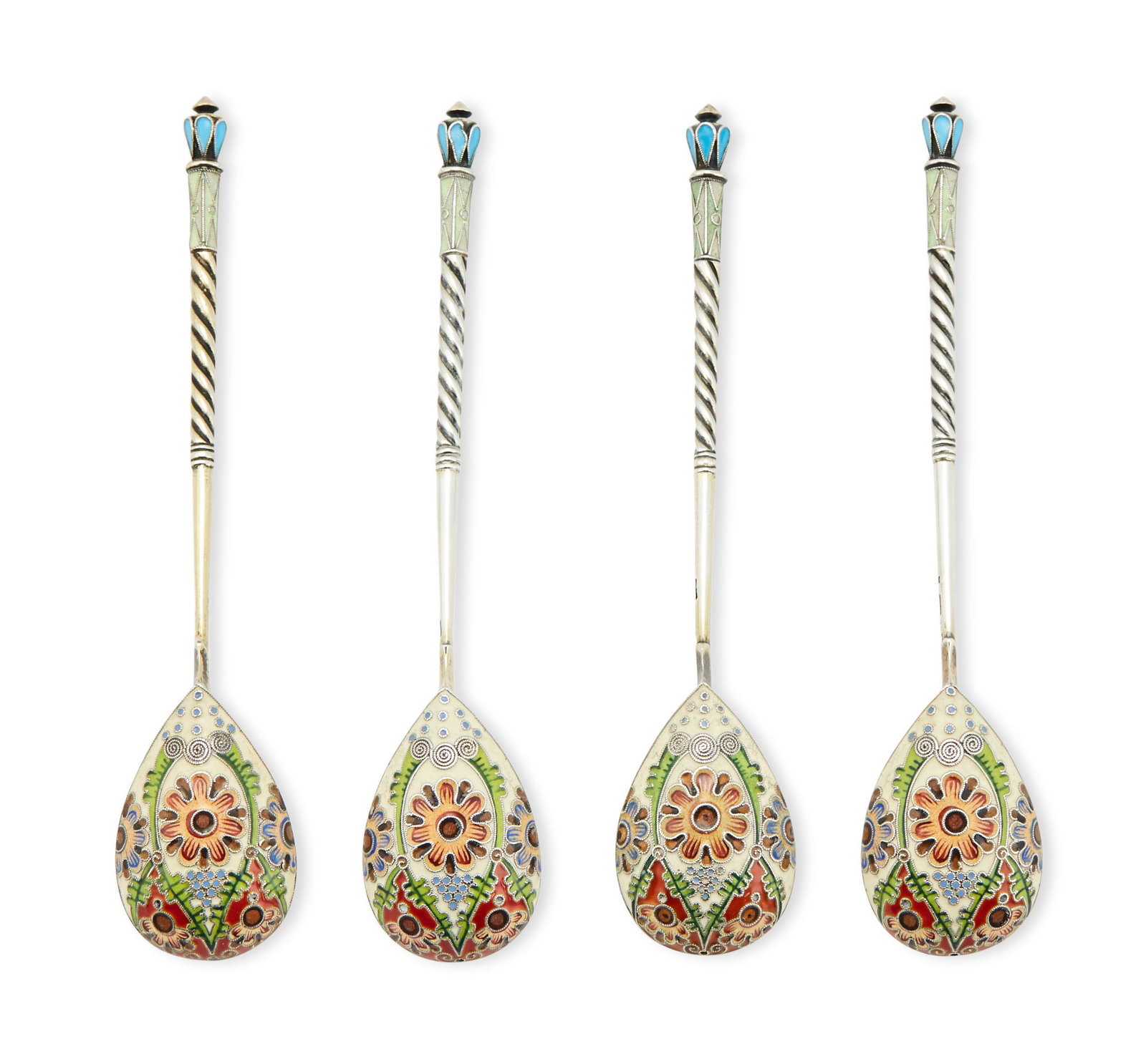 Set of Four Fabergé Silver-Gilt and Cloisonné Enamel Teaspoons (1 of 5)