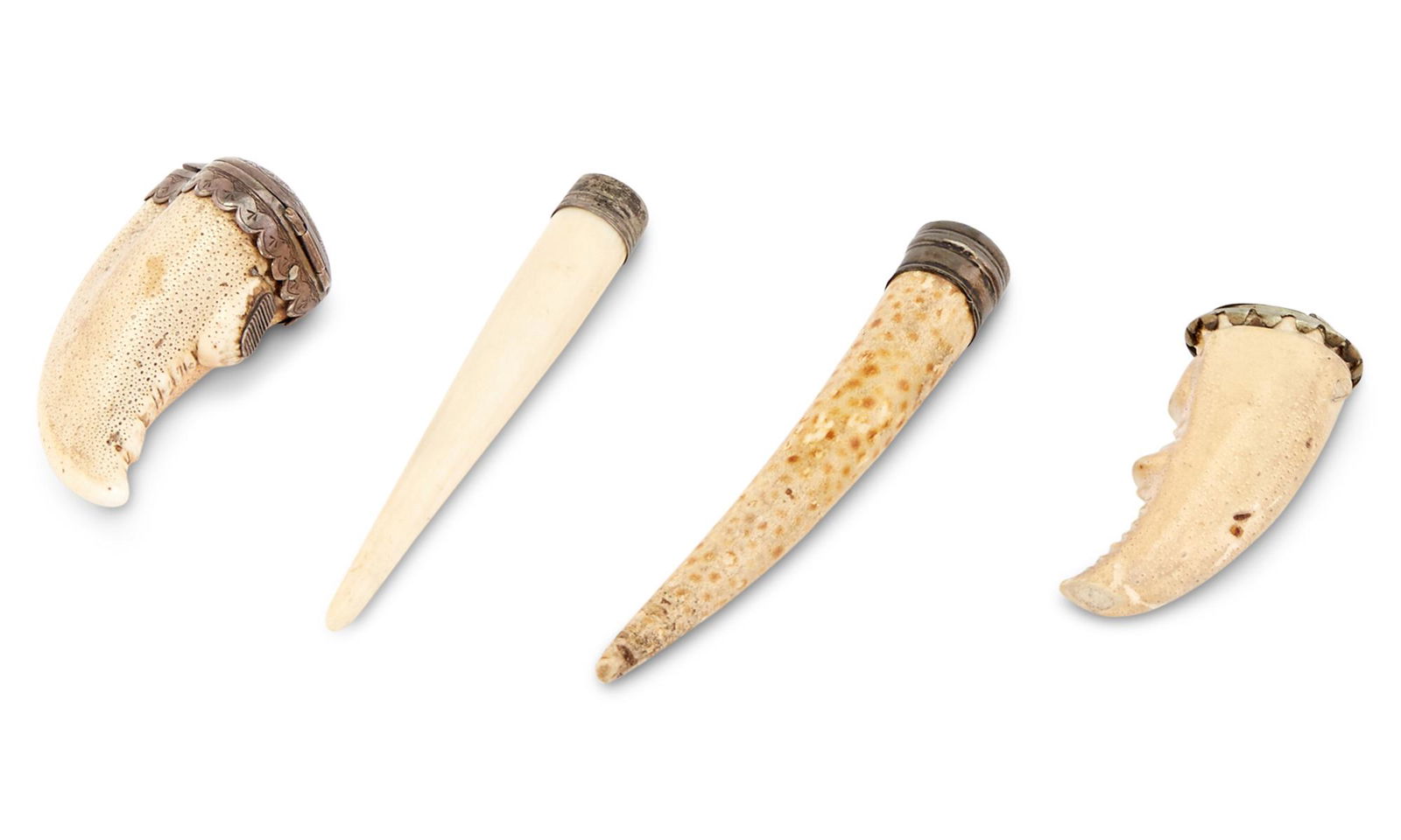 Two Silver and Metal Mounted Crustacean Claw Match Safes: Two Silver and Metal Mounted Crustacean Claw Match Safes Probably 19th century Together With Two Silvered Metal Mounted Crustacean Needle Cases. Length of longest 3 inches (7.7cm). C Property from a P