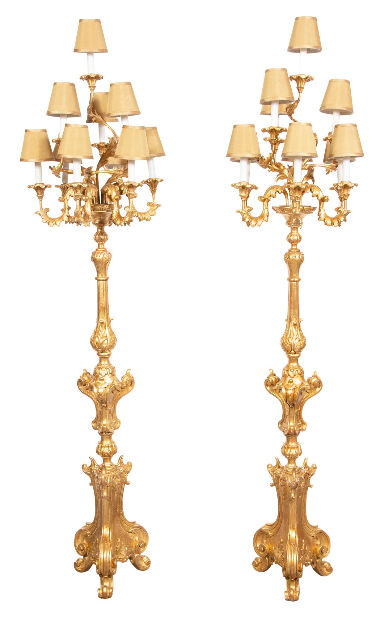 Pair of Baroque Style Giltwood Nine-Light Floor Candelabra (1 of 4)