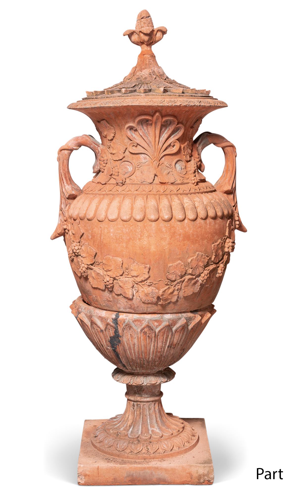 Pair of Neoclassical Style Terracotta Urns: Pair of Neoclassical Style Terracotta Urns Height 63 1/2 inches. C