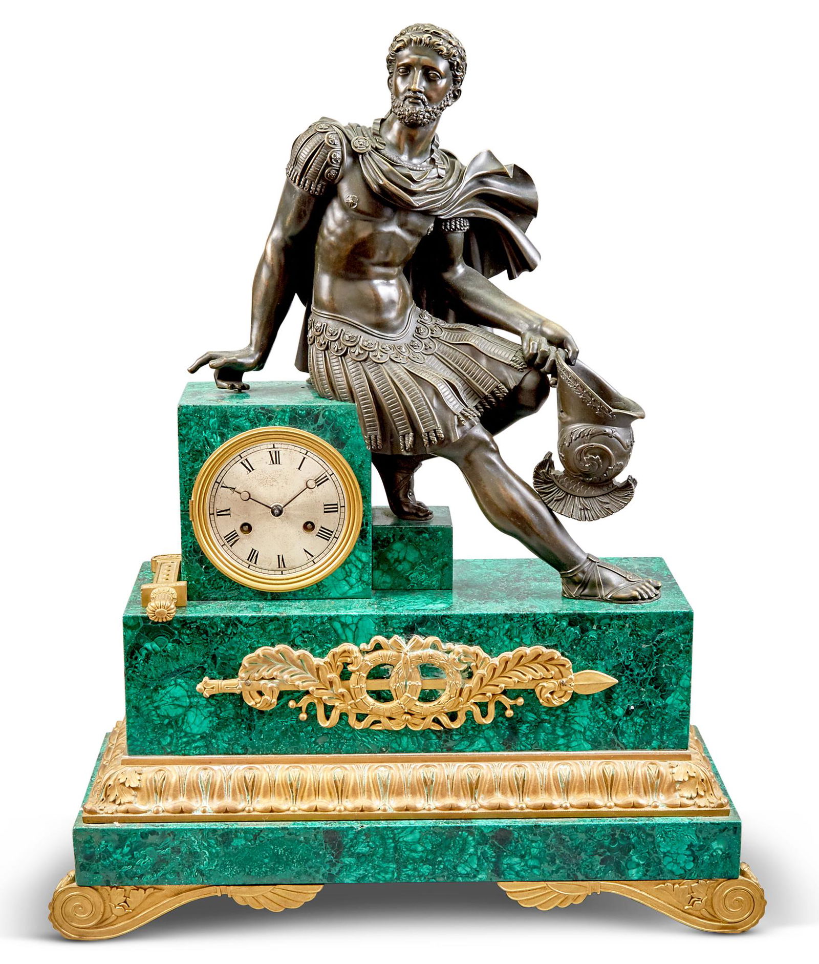 Charles X Malachite, Gilt and Patinated-Bronze Mantle Clock 19th century Height 26 1/2 inches (1 of 3)