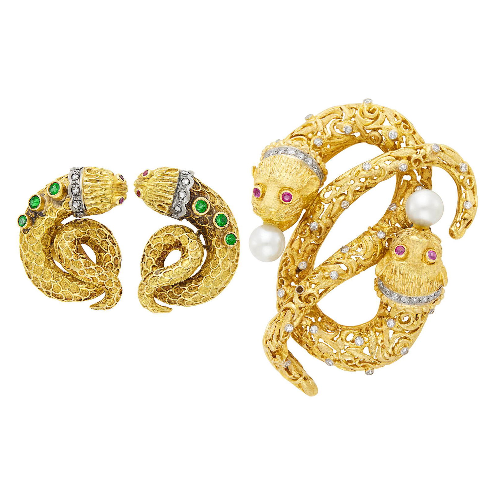 Ilias Lalaounis Pair of Gold, Cultured Pearl, Diamond, Emerald and Ruby Chimera Earclips and (1 of 2)