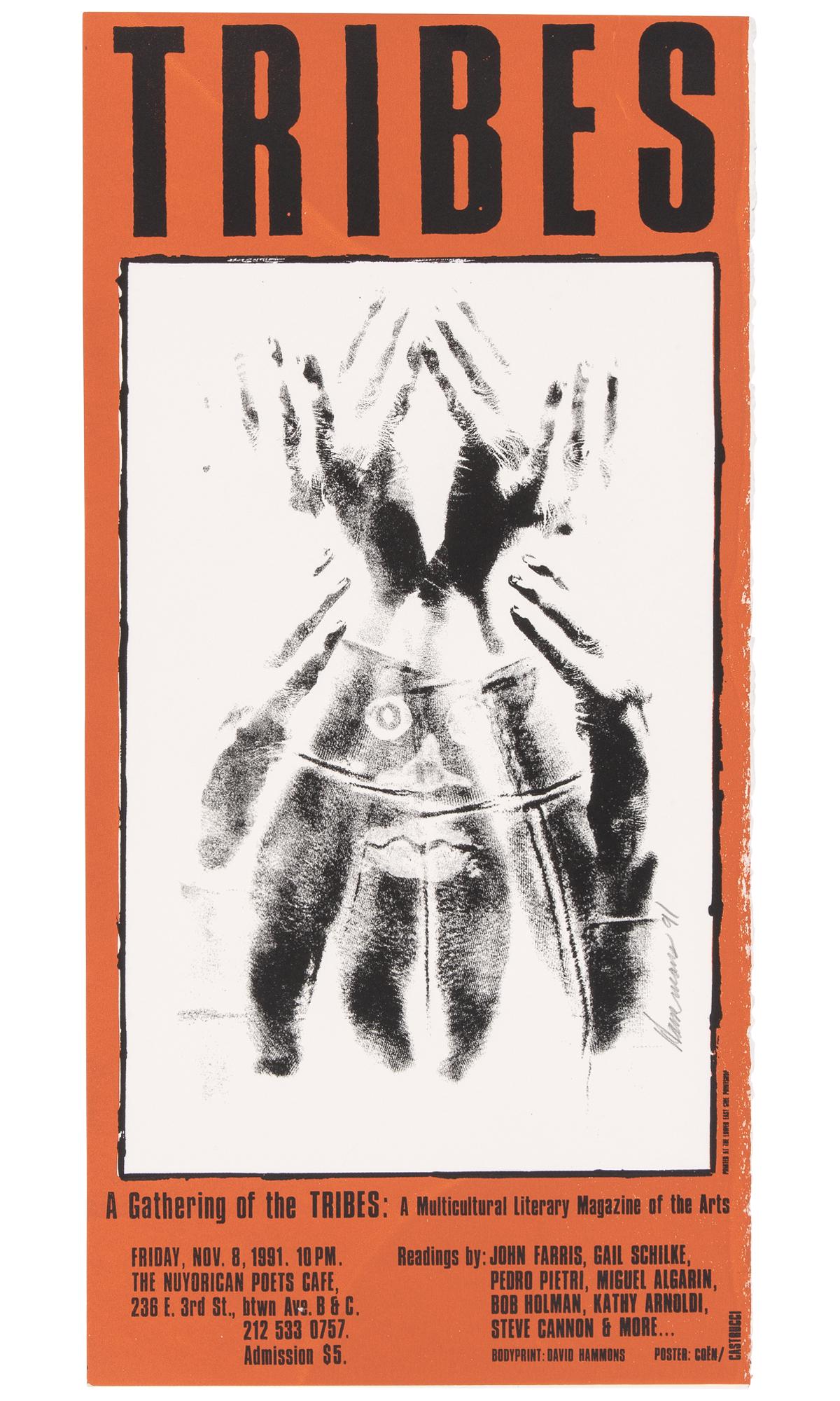 David Hammons (b. 1943): David Hammons (b. 1943) TRIBES POSTER Color screenprint, 1991, signed and dated in pencil, printed at the Lower East Side Printshop, New York, the full sheet, unframed. Sheet 29 5/8 x 14 3/8 inches; 7