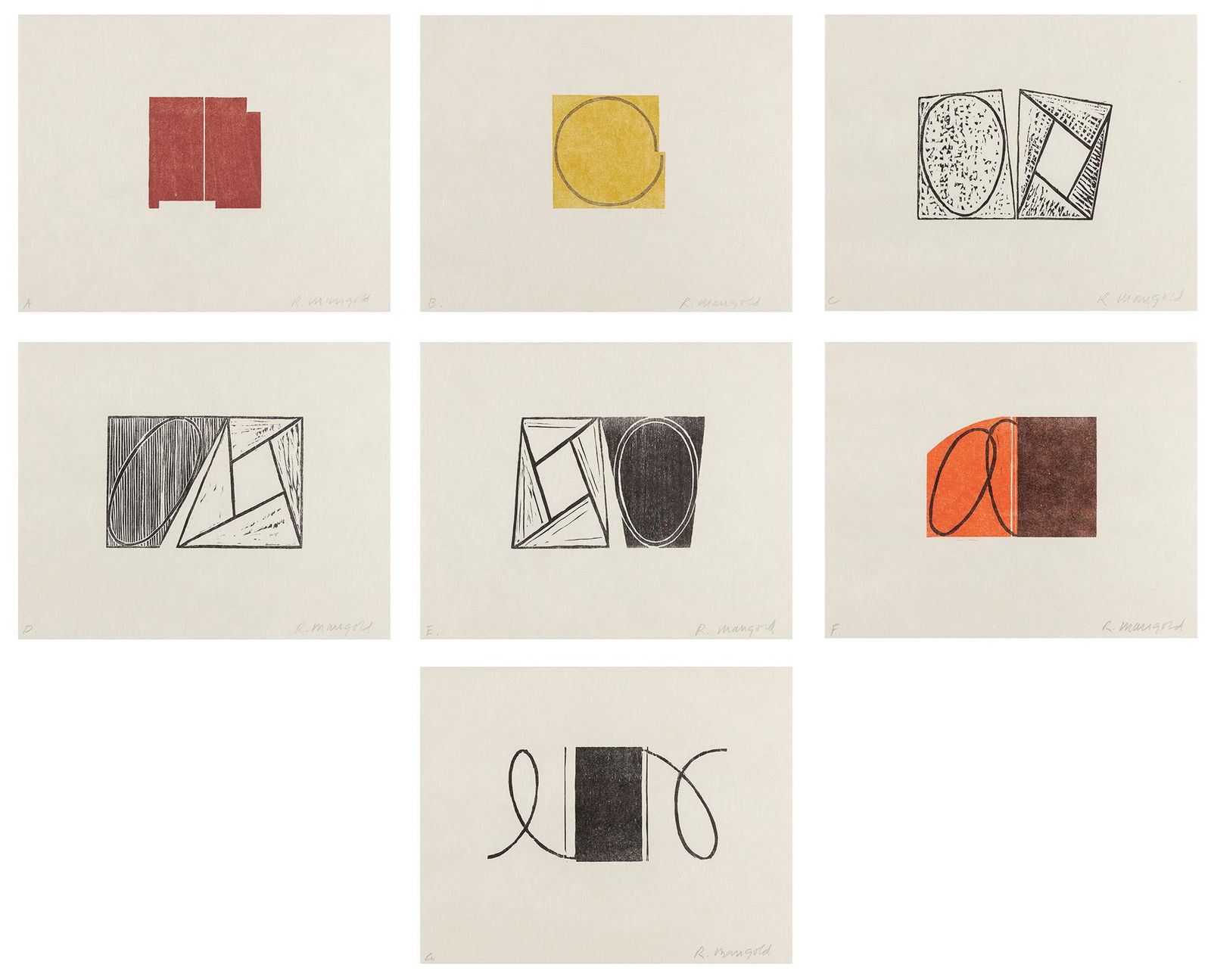 Robert Mangold (b. 1937): Robert Mangold (b. 1937) SEVEN ORIGINAL WOODCUTS (SENIOR/SHOPMAKER 2000.01) Complete set of seven woodcuts and the Catalogue Raisonne of the artist's work, 2000, on Korean Kozo paper, signed and annot