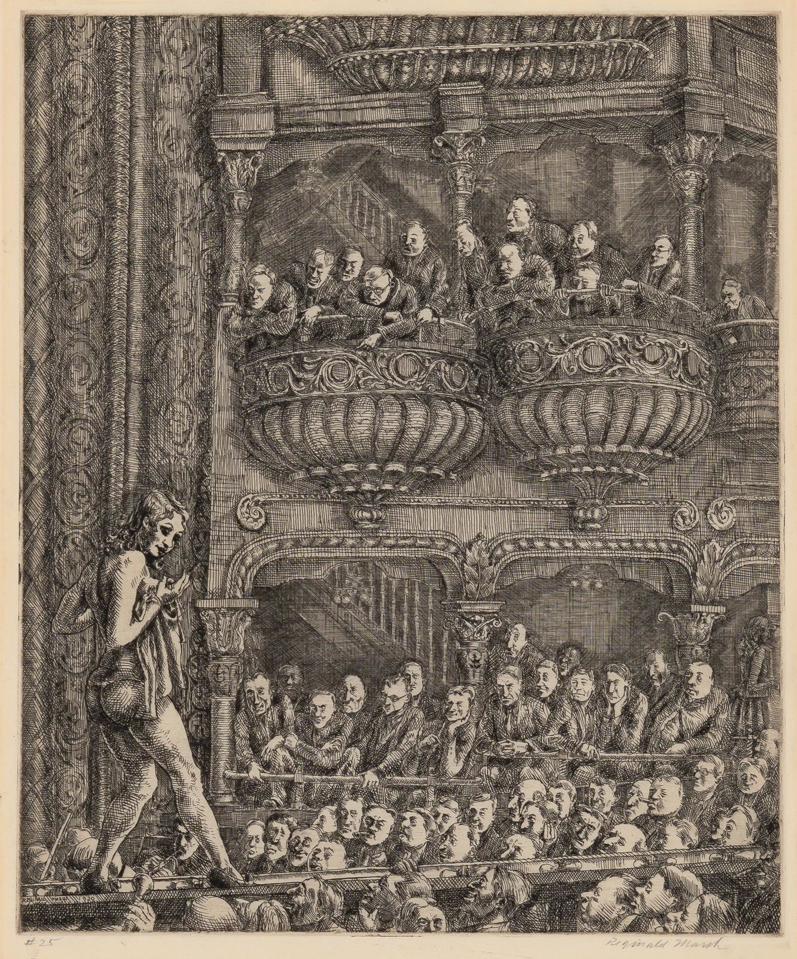 Reginald Marsh (1898-1954): Reginald Marsh (1898-1954) GAIETY BURLESK (SASOWSKY 102) Etching, 1930, on laid cream paper, signed and numbered #25 in pencil, with good margins, framed. Plate 11 7/8 x 9 7/8 inches; 302 x 251 mm. Sh