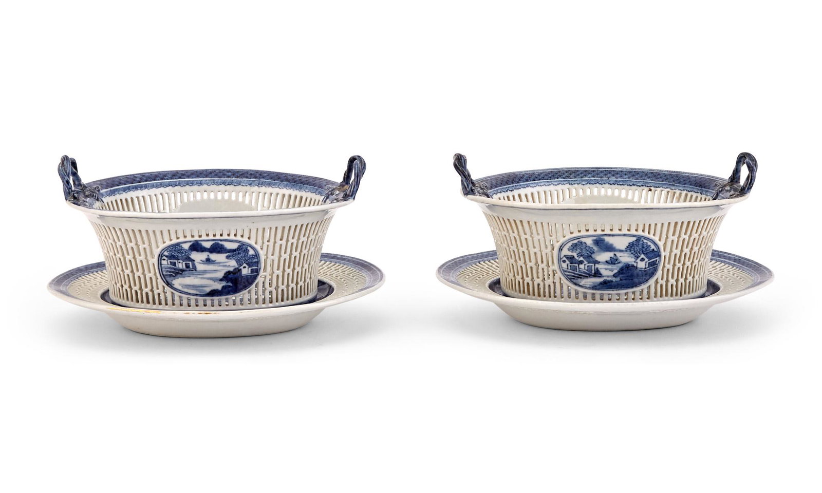 Pair of Small Canton Blue and White Porcelain Reticulated Fruit Baskets and Undertrays (1 of 6)