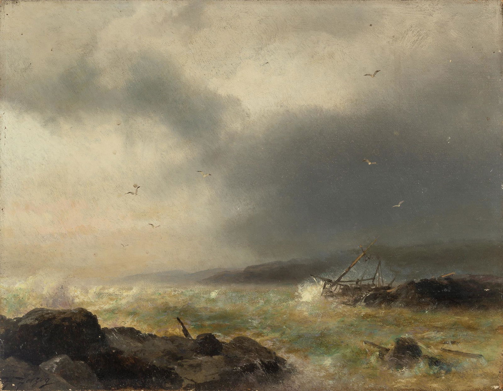 Hermann Ottomar Herzog German/American, 1832-1932 Shipwreck on the Maine Coast (1 of 3)