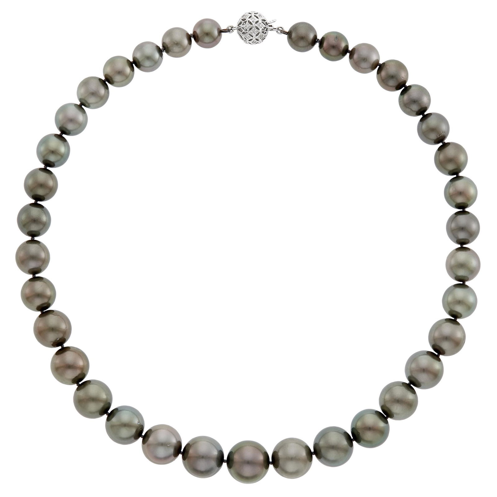 Tahitian Gray Cultured Pearl Necklace with White Gold and Diamond Clasp: Tahitian Gray Cultured Pearl Necklace with White Gold and Diamond Clasp 18 kt., 35 pearls ap. 14.6 to 10.2 mm., pierced ball clasp, small round diamonds. Length 18 inches. C Property from a Florida Co