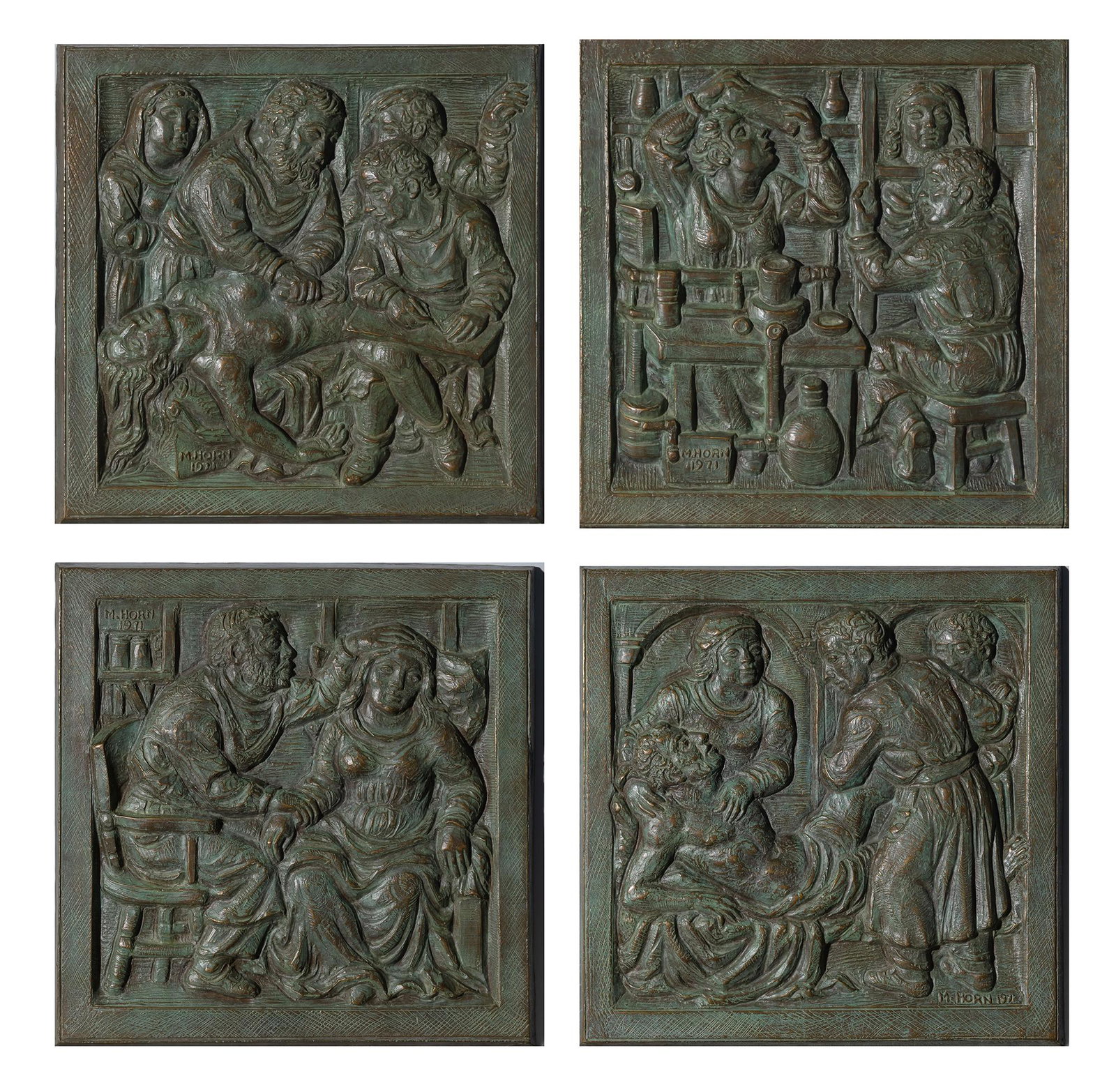 Milton Horn Ukrainian/American, 1906-1999 History of Medicine: Four, 1971: Milton Horn Ukrainian/American, 1906-1999 History of Medicine: Four, 1971 Each signed and dated M. Horn 1971 Bronze with green patina Each 12 1/4 x 12 1/4 inches (31.1 x 31.1 cm) C Sold for the Benefi
