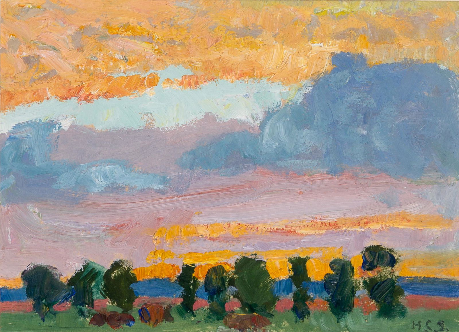 Houghton Cranford Smith American, 1887-1983 Orange Sky (New Mexico), circa 1922-25: Houghton Cranford Smith American, 1887-1983 Orange Sky (New Mexico), circa 1922-25 Signed with initials H. C. S. (lr) Oil on paper 4 3/4 x 6 5/8 inches (12.1 x 16.8 cm) Provenance: Grace Borgenicht Ga