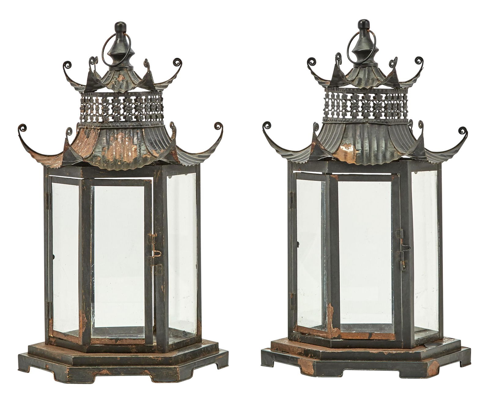 Pair of Pagoda-Form Patinated Metal Lanterns (1 of 2)