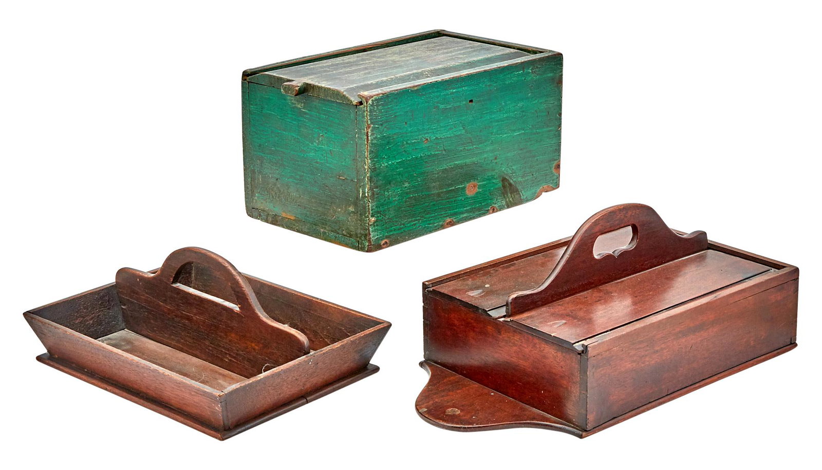 Two Decorative Boxes; Together with a Walnut Cutlery Tray: Two Decorative Boxes 19th Century One a blue/green painted pine slide-lid example, length 14 3/4 inches; the other a English walnut double slide-lid cutlery example, length 18 1/4 inches; Together wit