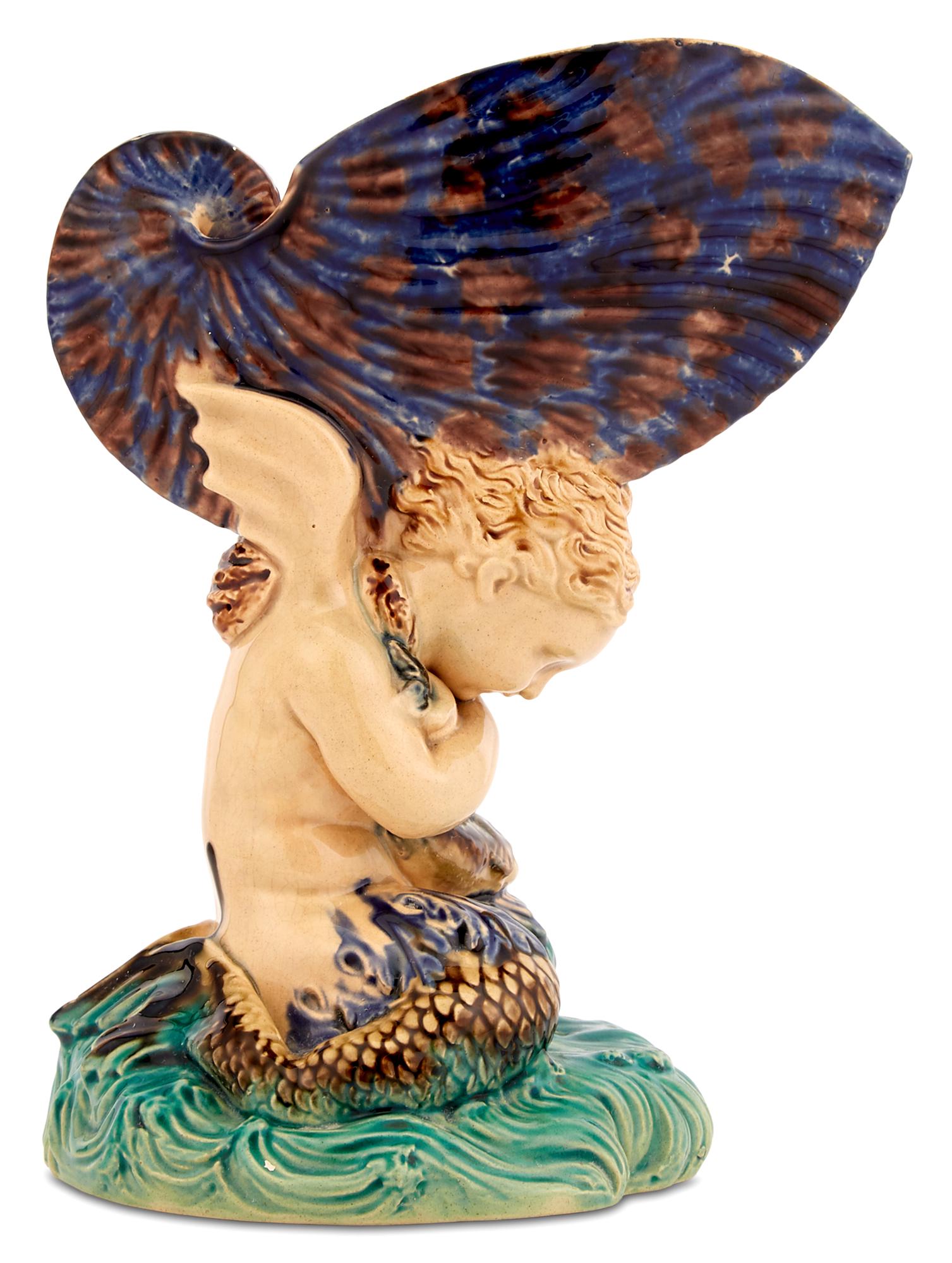 English Victorian Majolica Winged Merman and Nautilus Shell-Form Centerpiece (1 of 4)