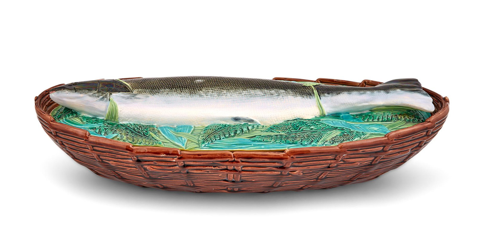 George Jones & Sons Majolica Salmon Tureen and Cover: George Jones & Sons Majolica Salmon Tureen and Cover The cover molded with a raised salmon resting on a bed of leaves, the tureen formed as a woven basket, removable inner drainer, stamped GJ. Height 