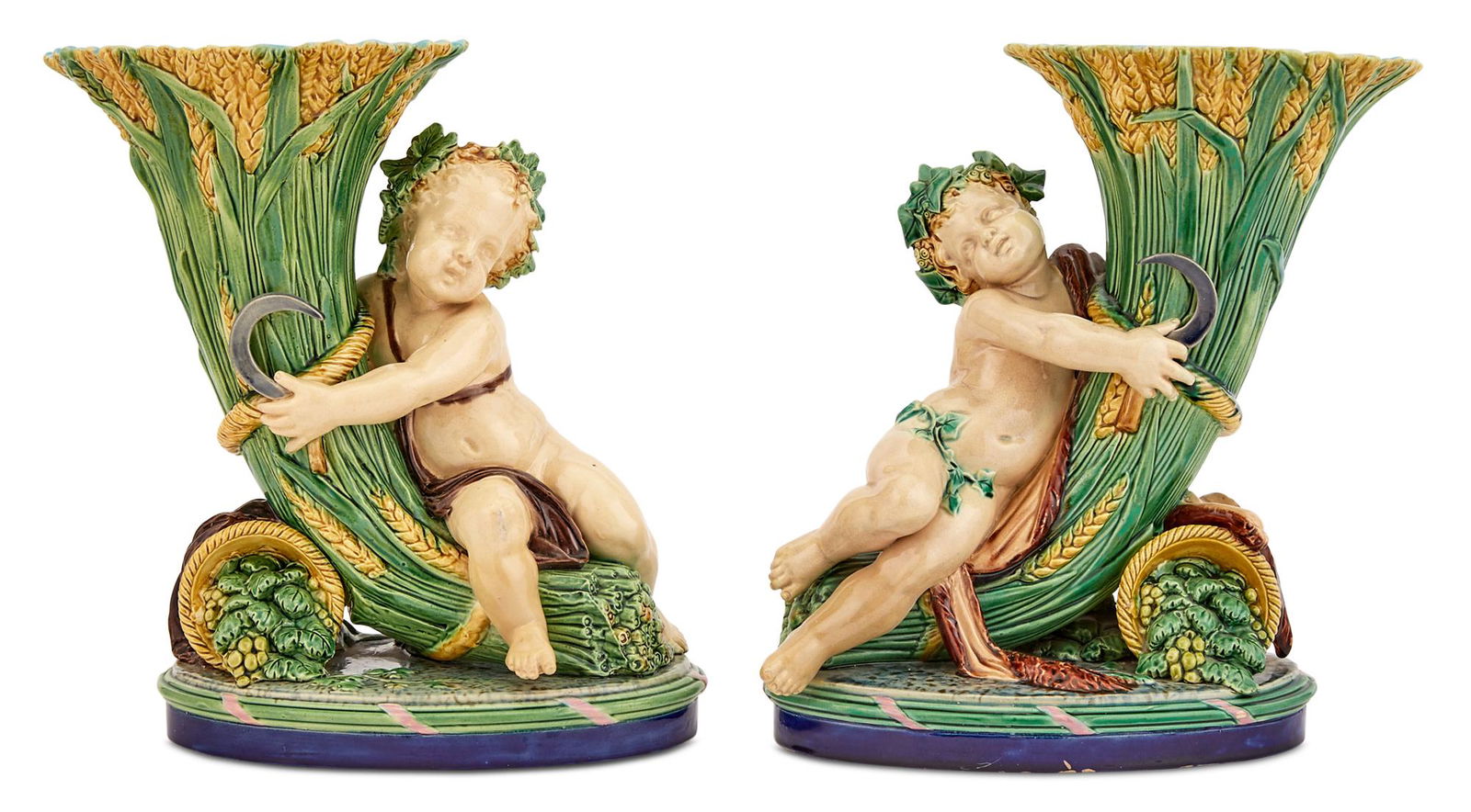 Pair of Minton & Co. Majolica Bacchanalian Figural Cornucopia Vases Emblematic of Abundance (1 of 5)