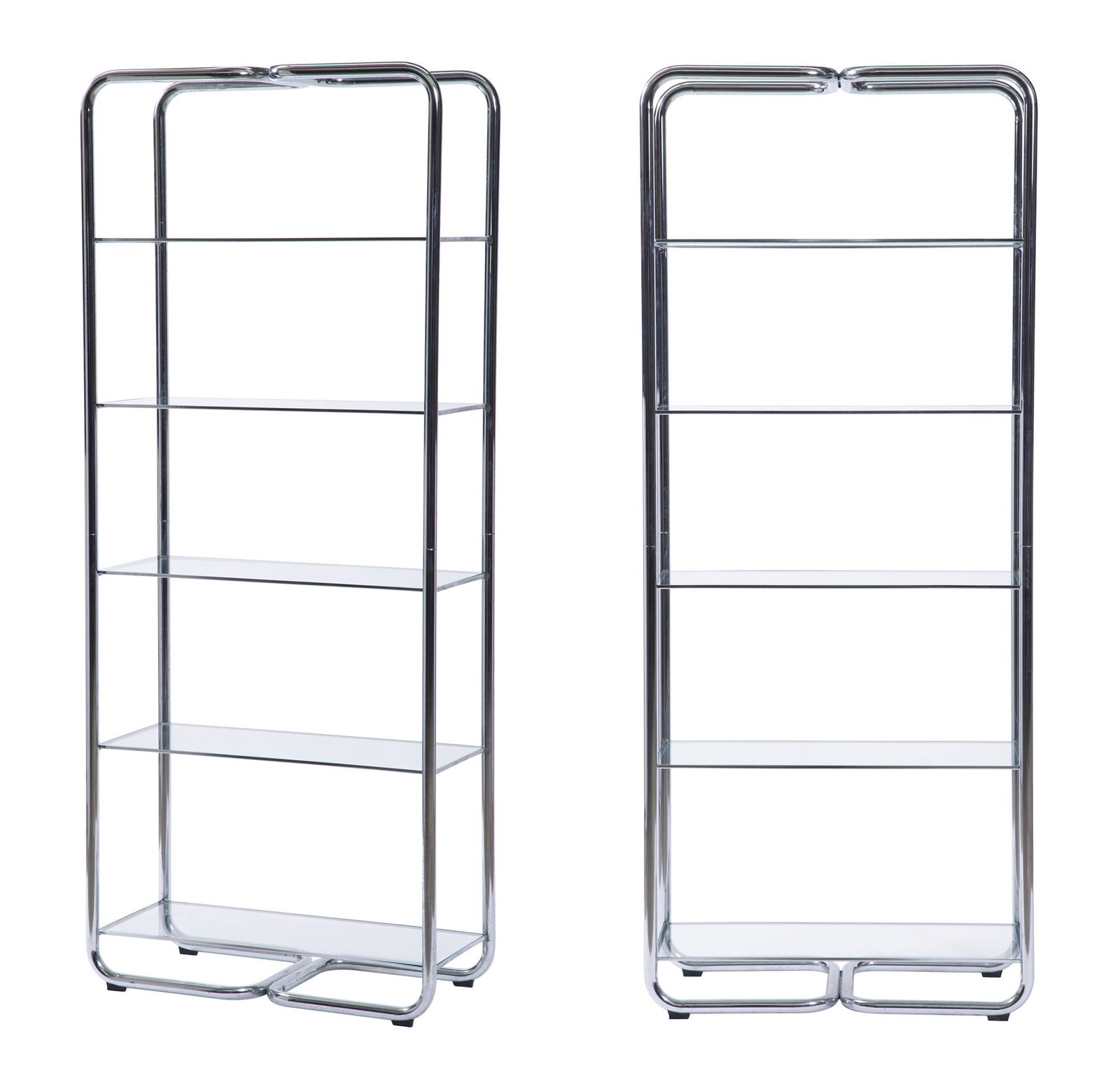 Pair of Glass and Chrome Five-Shelf Etageres: Pair of Glass and Chrome Five-Shelf Etageres Height 6 feet 3 1/4 inches, width 31 1/4 inches, depth 15 3/4 inches. C Property of a Southampton Collector