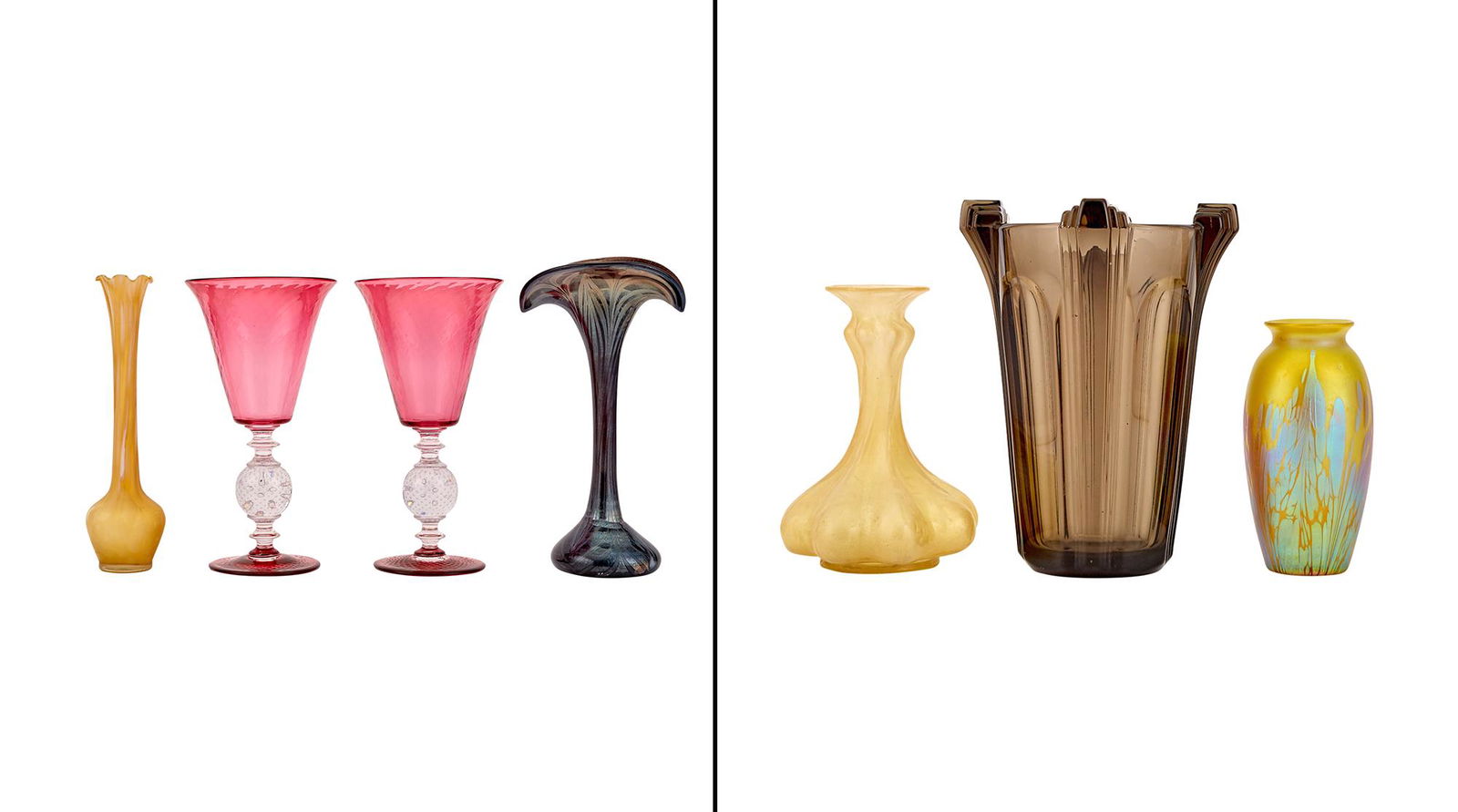 Group of Seven Glass Vases: Group of Seven Glass Vases Including a ribbed glass Dugan vase; ovoid shaped unsigned Loetz vase; pair of cranberry Pierpoint vases; etc. Height of tallest 13 inches. C Estate of Harry Lowe