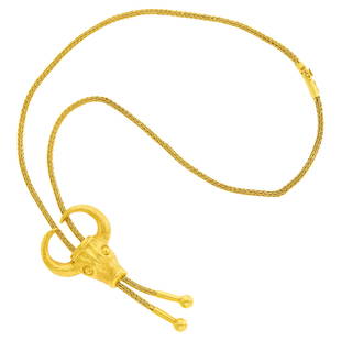 Ilias Lalaounis Braided Gold Ram's Head Slide Necklace: Ilias Lalaounis Braided Gold Ram's Head Slide Necklace 18 kt., signed Lalaounis, Greece, with maker's mark, ap. 37.8 dwts. Length 20 inches, adjustable. C Property of a New York Collector