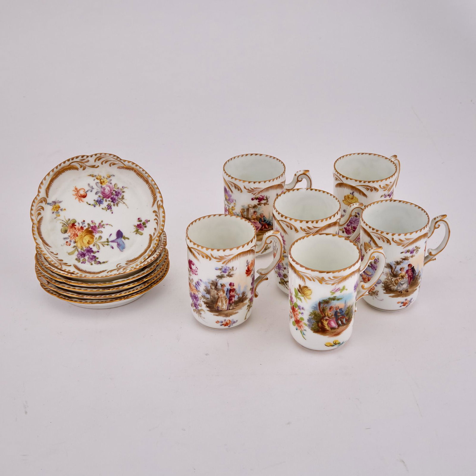 Set of Six Dresden Gilt and Floral Decorated Porcelain Handled Small Cups With Saucers (1 of 3)