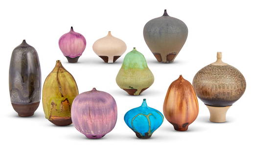 Group of Nine Rose Cabat Studio Glazed Porcelain Feelie Vases: Group of Nine Rose Cabat Studio Glazed Porcelain Feelie Vases 20th century In various forms, colors and sizes, including an onion, garlic, pear, etc., each signed CABAT, height of tallest 6 1/4 inches