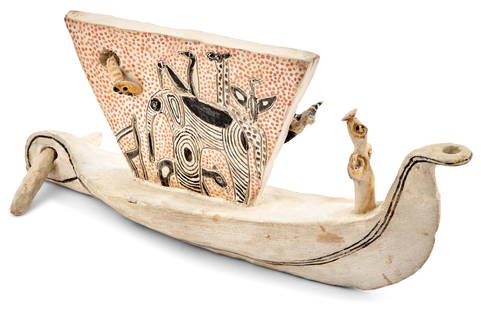 Jean Lambert-Rucki Painted Earthenware Model of Noah's Ark: Jean Lambert-Rucki Painted Earthenware Model of Noah's Ark Circa 1960 The raised sail incised with animals, including an elephant, giraffe, gazelle and a penguin, signed and dated Lambert-Rucki 1930.