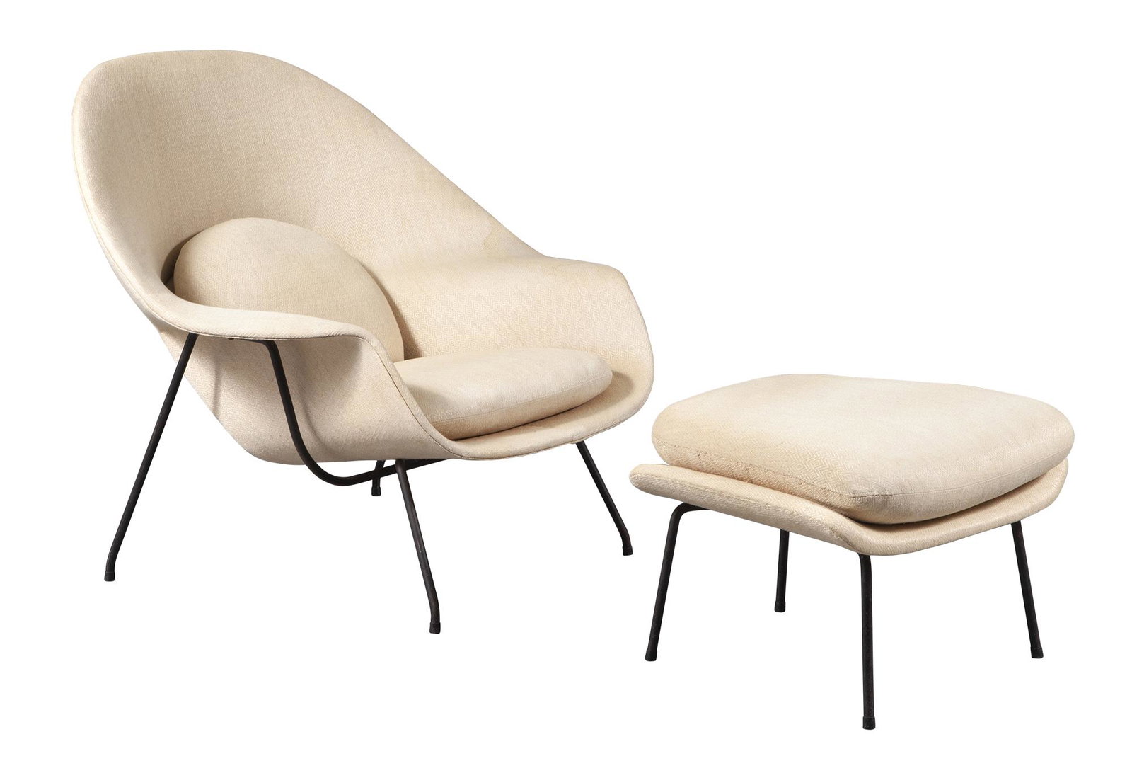Eero Saarinen Upholstered Womb Chair and Ottoman: Eero Saarinen Upholstered Womb Chair and Ottoman 1950s Height of chair 34 1/2 inches, width 39 inches, depth 36 inches, height of ottoman 15 1/2 inches, width 24 inches, depth 20 inches. C Property of