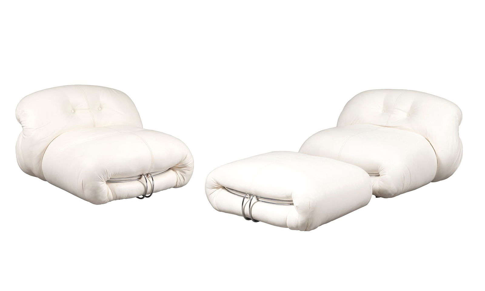Pair of Afra and Tobia Scarpa Chromed Metal and Faux Leather Soriana Lounge Chairs and an Ottoman (1 of 10)