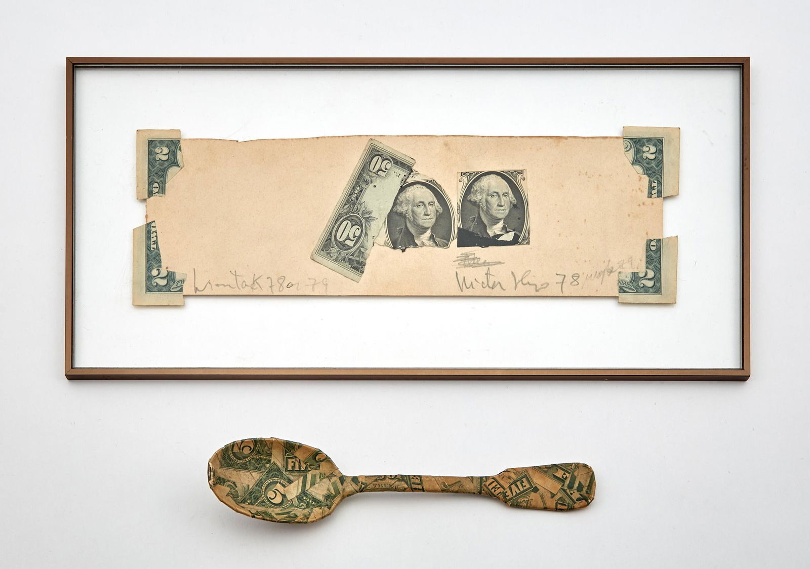 Victor Hugo (1948-1994) Torn Money - Two Artworks Comprising: Five Dollar Bill Wrapped Spoon: Victor Hugo (1948-1994) Torn Money - Two Artworks Comprising: Five Dollar Bill Wrapped Spoon Unsigned, length 7 1/2 inches Torn Money, signed "Montauk 78 or 79/Victor Hugo 78 maybe 70." Framed. 13 x 6