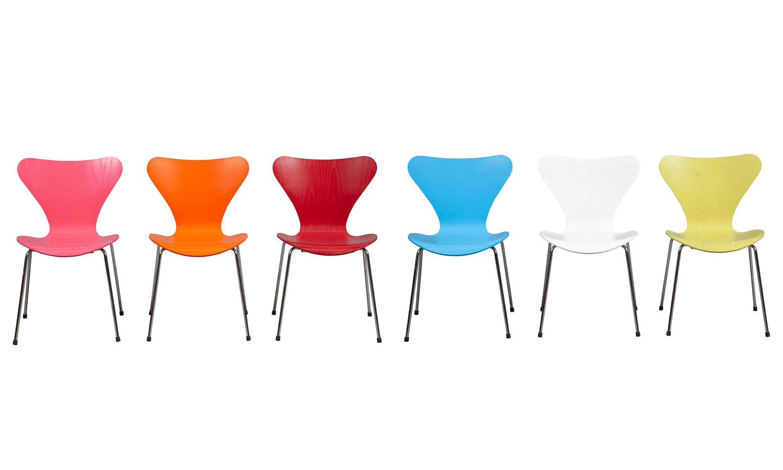 Set of Six Arne Jacobsen Colored Plywood and Metal Ant Dining Chairs (1 of 11)