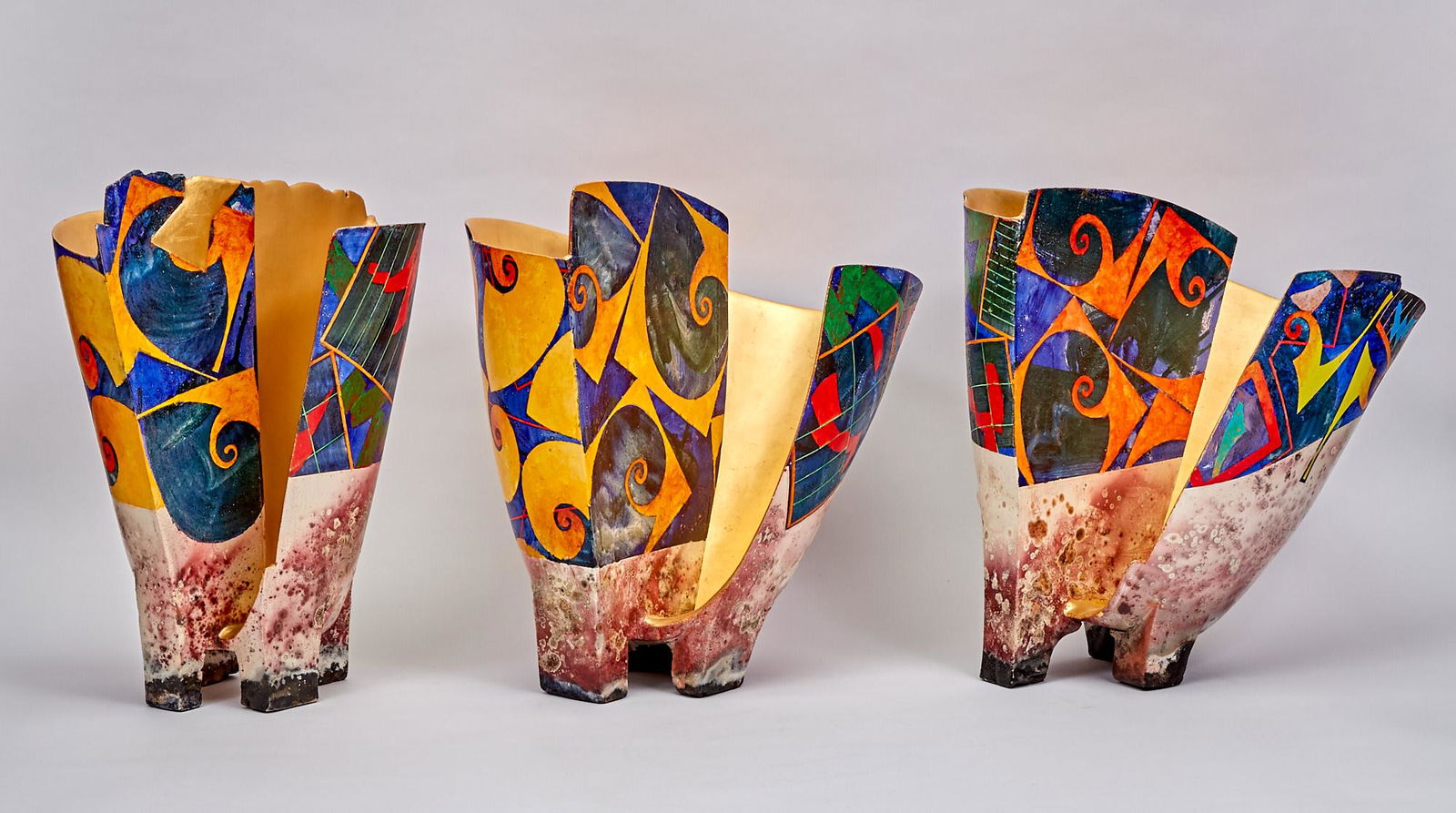 Bennett Bean Painted and Gold-Leaf Decorated Earthenware Triptych Vessel Group (1 of 6)
