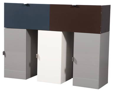 Francois Bauchet Lacquered Wood and Stainless Steel Stonehenge Console: Francois Bauchet Lacquered Wood and Stainless Steel Stonehenge Console Number 5 from an edition of 8, 2005 Height 45 1/4 inches, length 60 inches, depth 16 1/2 inches. Provenance: Galerie Kreo, 2005.